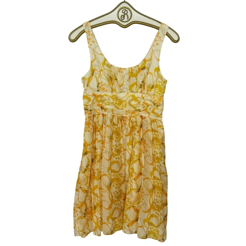 Yellow Floral Mini Dress Silk Blend Summer Cottagecore Feminine Women's Size 4